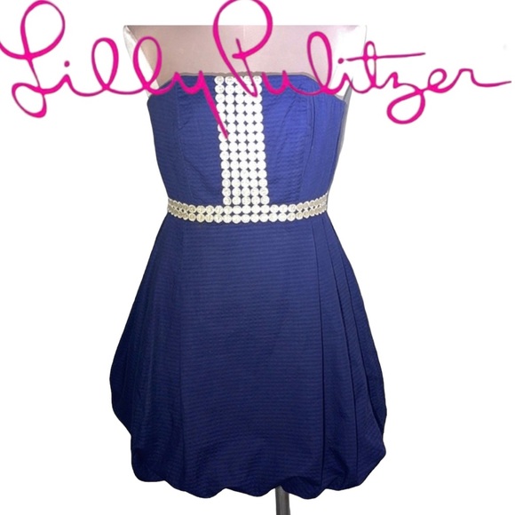 Lilly Pulitzer navy Regency bubble strapless dress with gold  accent. Size 00 - Picture 13 of 13